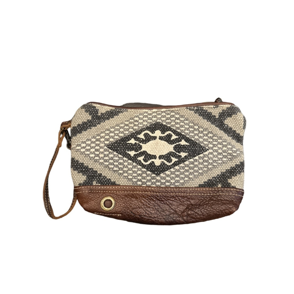 Myra Bag Clutch Wristlet Geometric Aztec Pattern Leather Trim